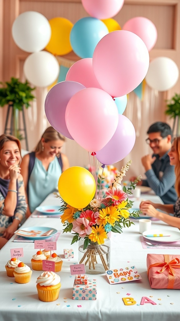 A colorful balloon bouquet on a table with flowers and cupcakes for a baby shower.