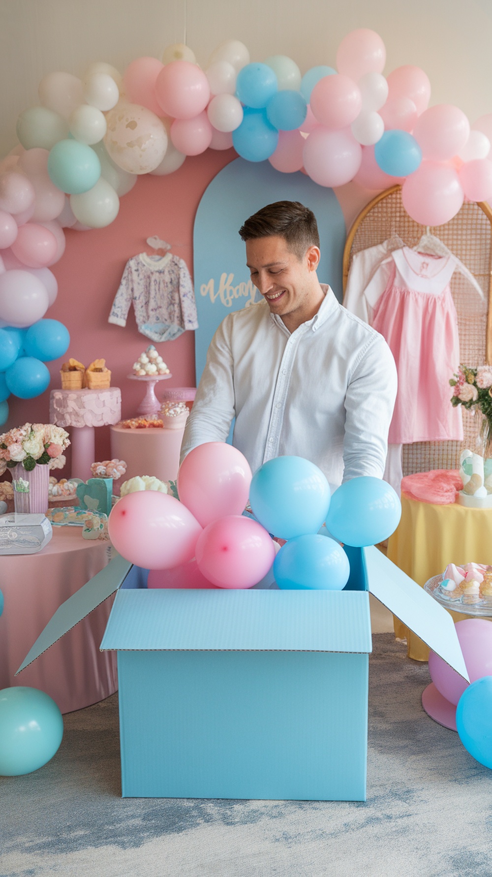 A man smiling while opening a blue box filled with pink and blue balloons, surrounded by a festive baby-themed decor.