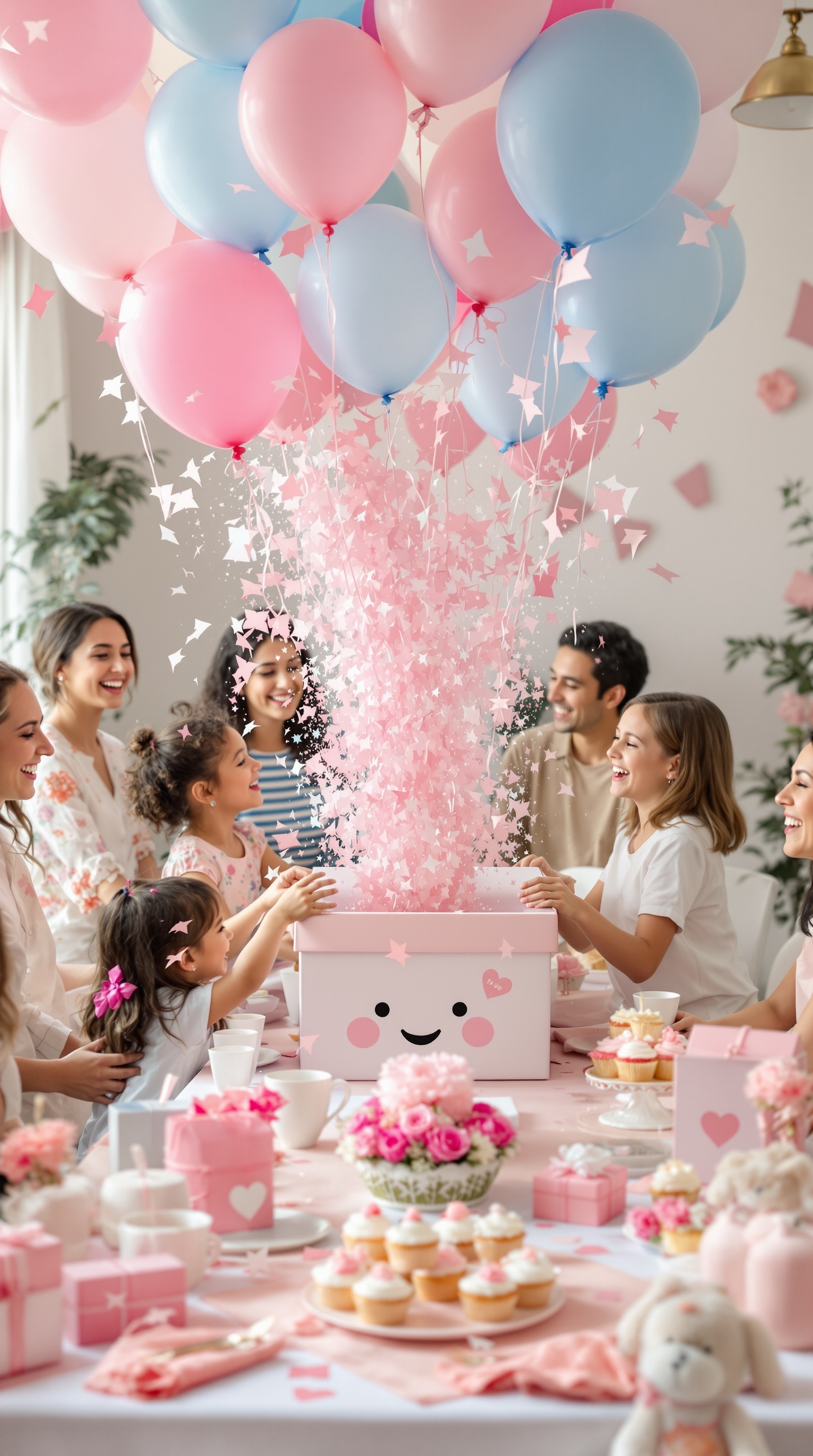 A joyful gender reveal party with a balloon box unveiling, featuring happy family members and colorful decorations.