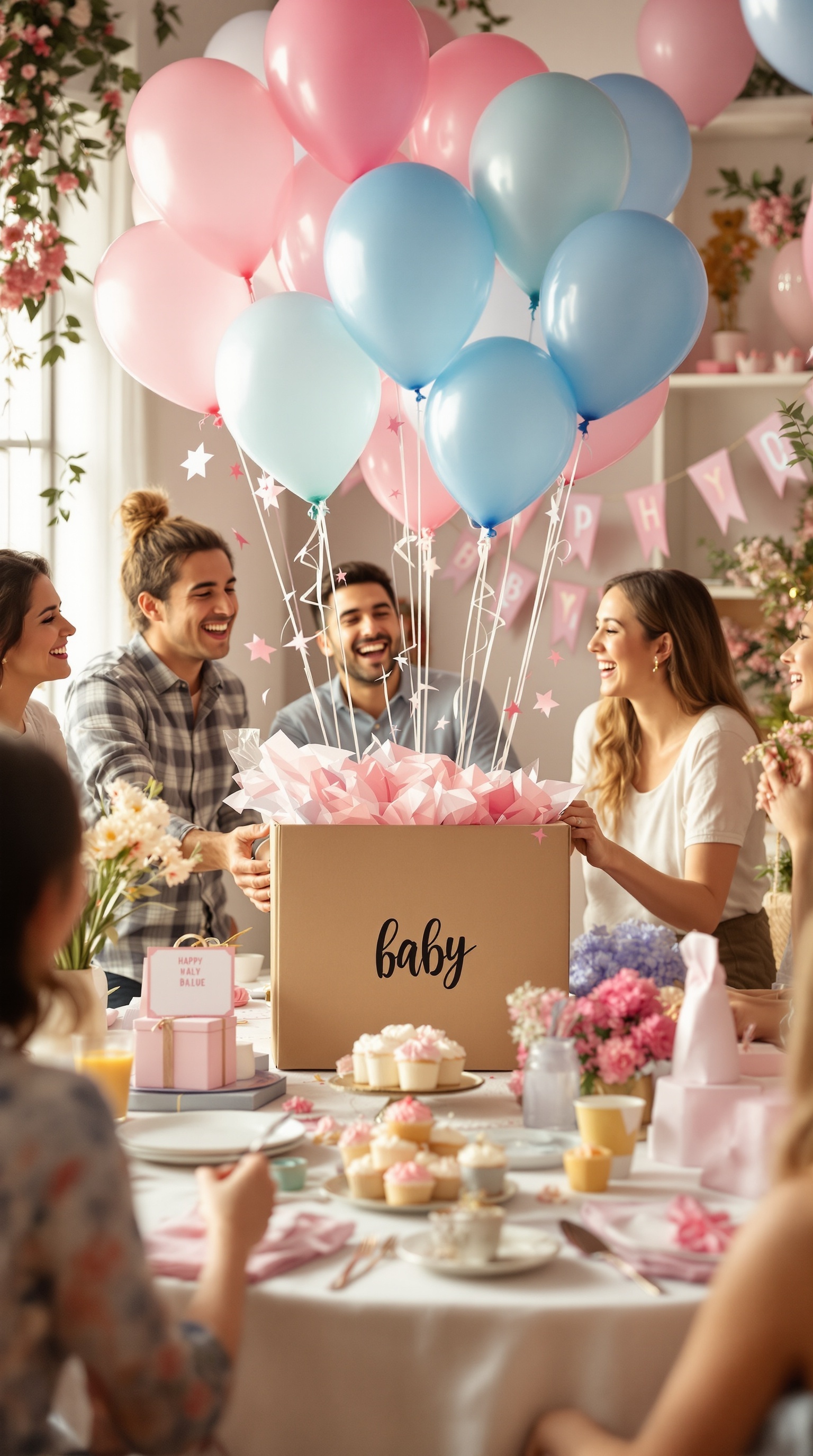 A group of friends celebrating a gender reveal with a balloon box unveiling.