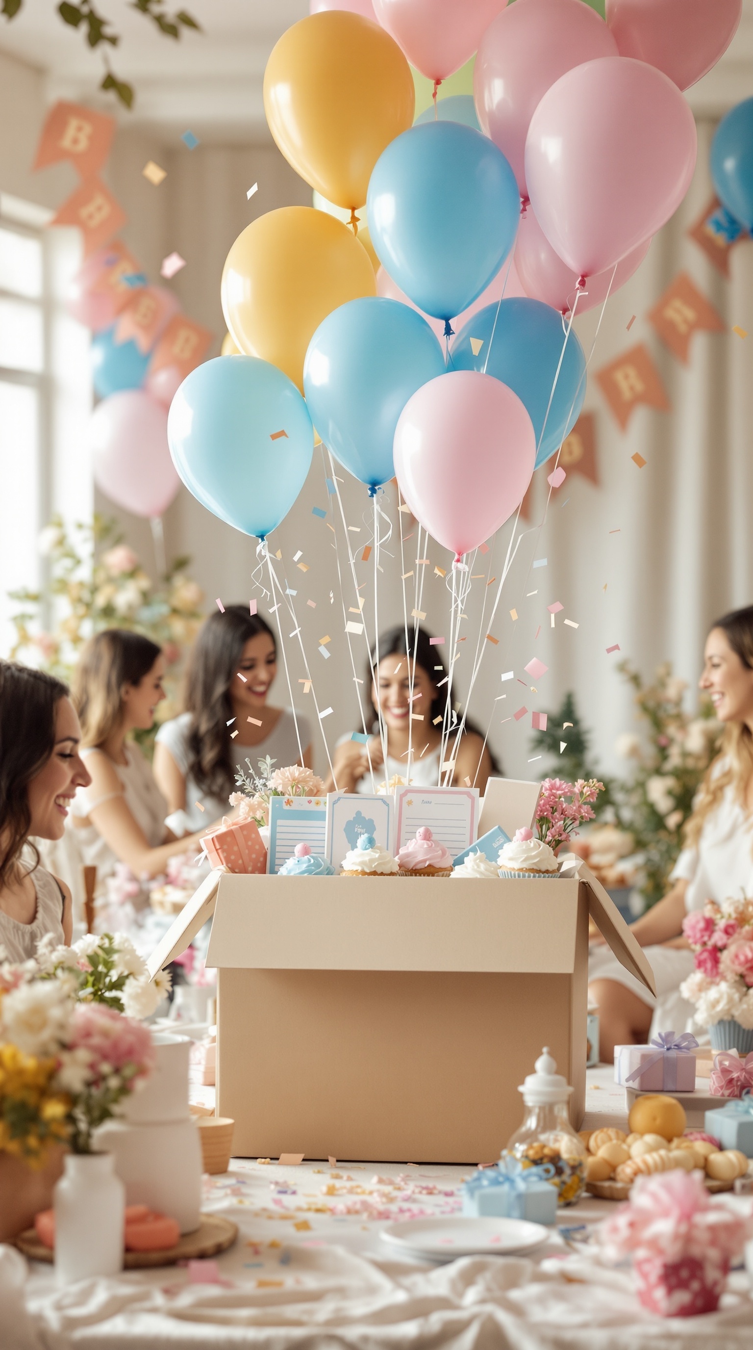 A festive balloon box filled with pastel balloons and treats, surrounded by smiling friends at a gender reveal party.