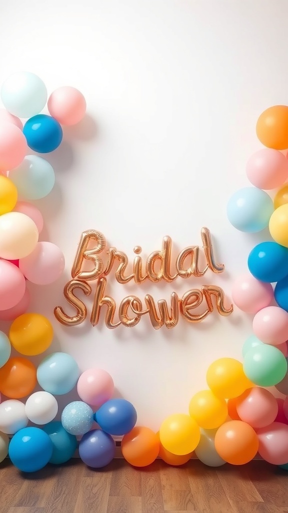 Colorful balloon garland backdrop for bridal shower