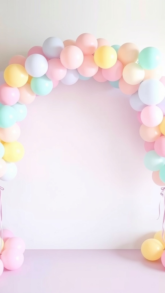 A pastel-colored balloon garland arch perfect for a bridal shower photo backdrop.