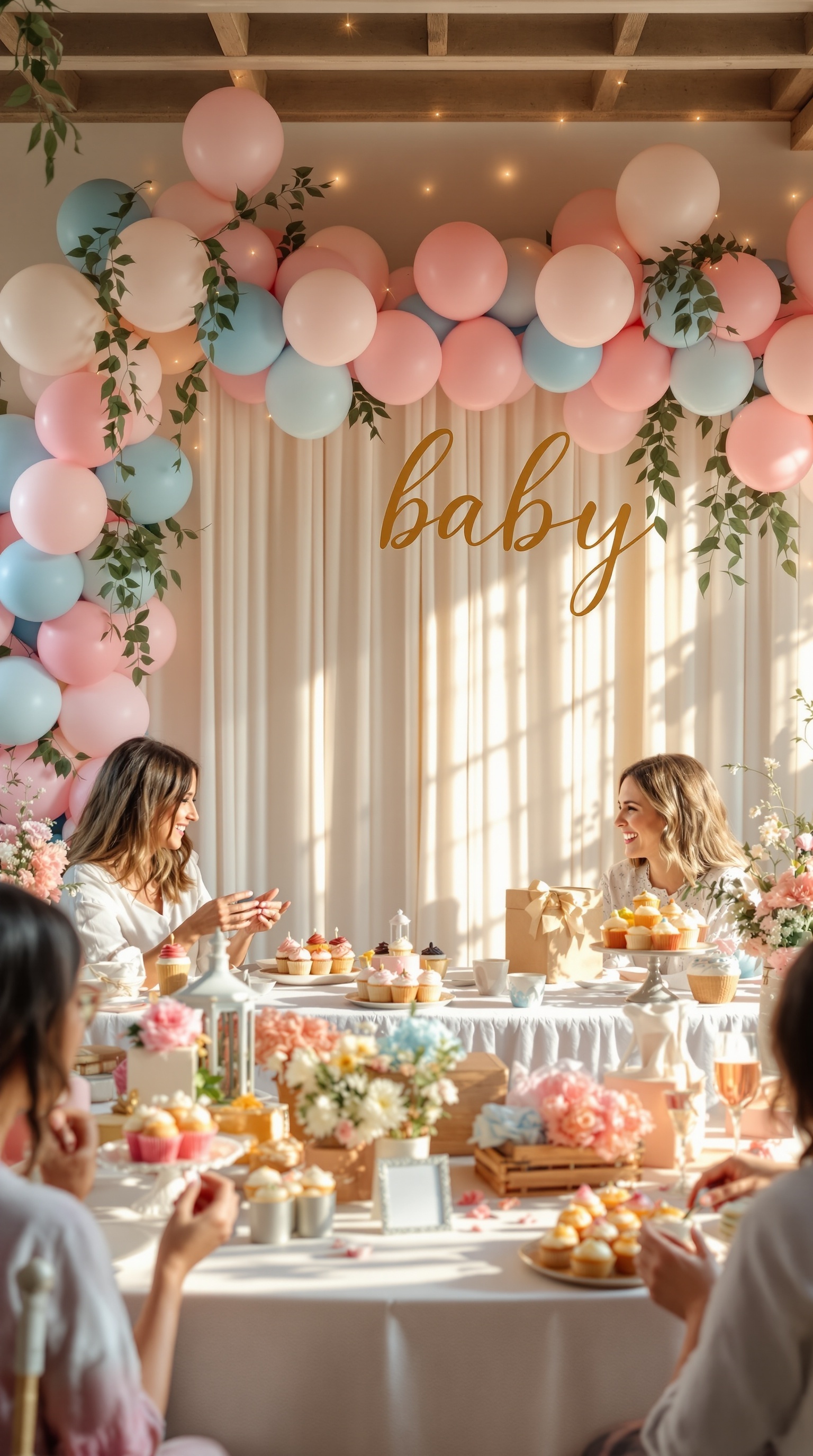 A baby shower scene featuring a balloon garland in soft colors with guests enjoying the celebration.