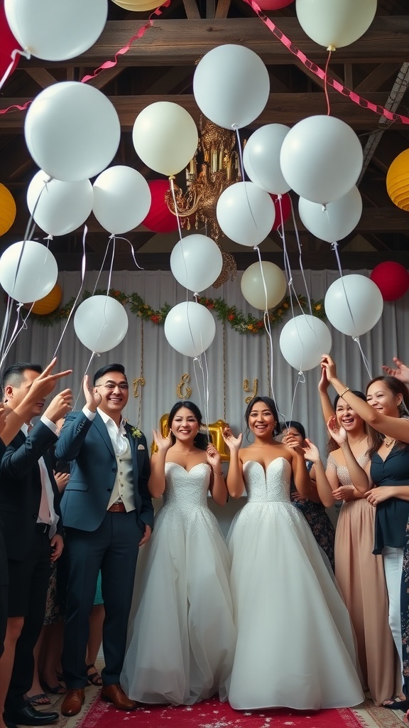 Guests enjoying a Balloon Pop Challenge at a wedding reception, holding colorful balloons and celebrating together.
