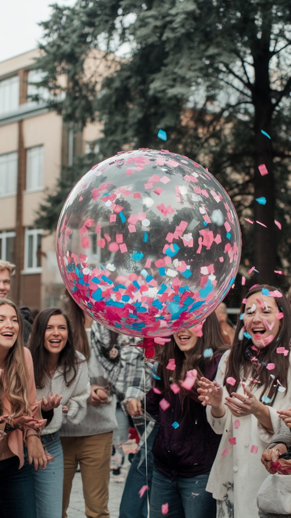 A group of friends celebrating a gender reveal with a balloon pop, colorful confetti flying in the air.