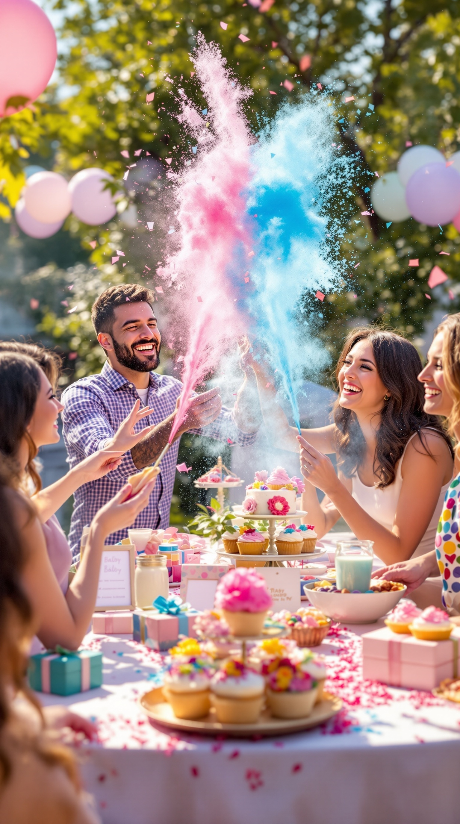 A group of friends celebrating a gender reveal with colorful powder and balloons.