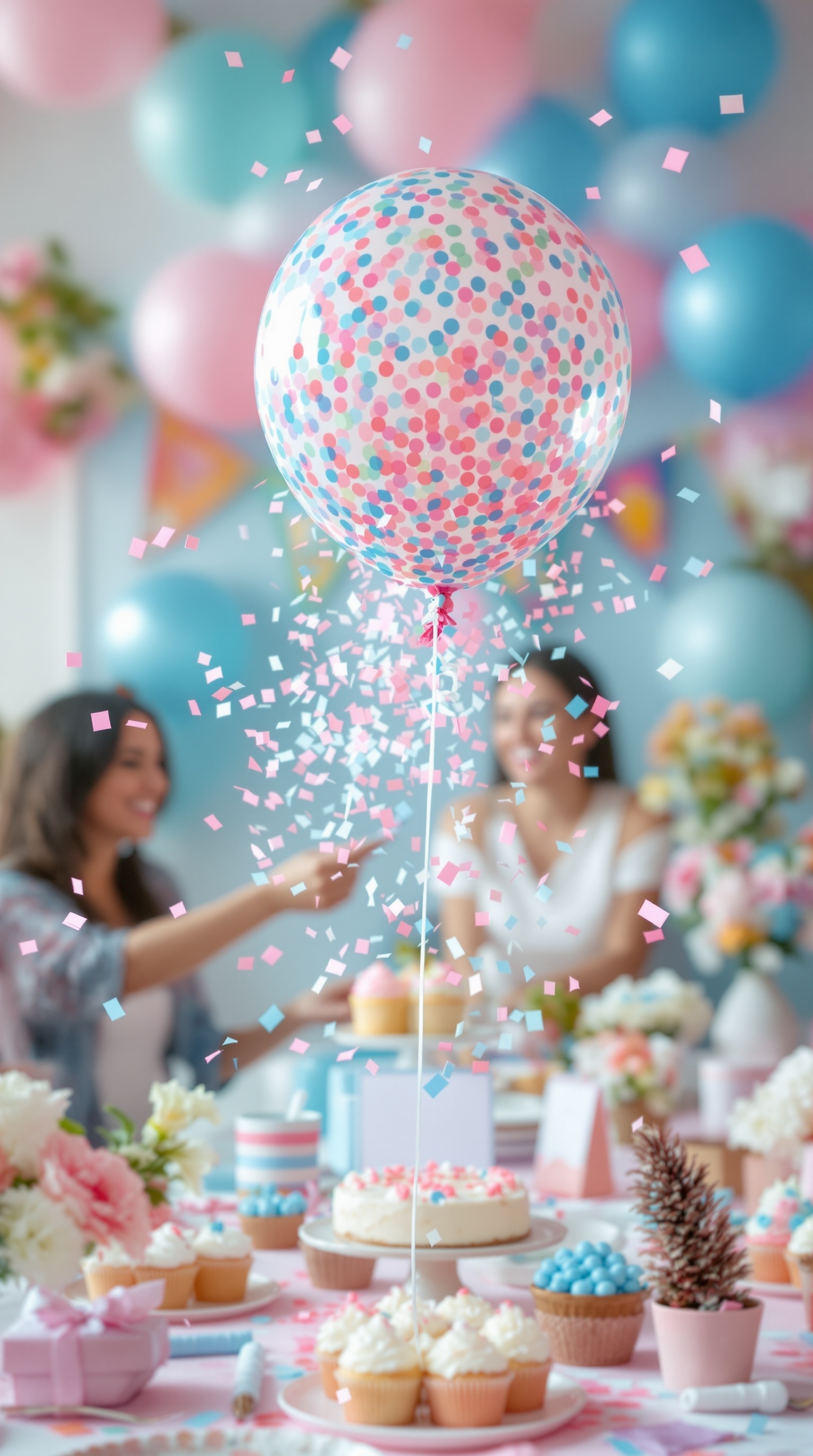 A colorful balloon pop surprise at a gender reveal party with confetti and happy guests.