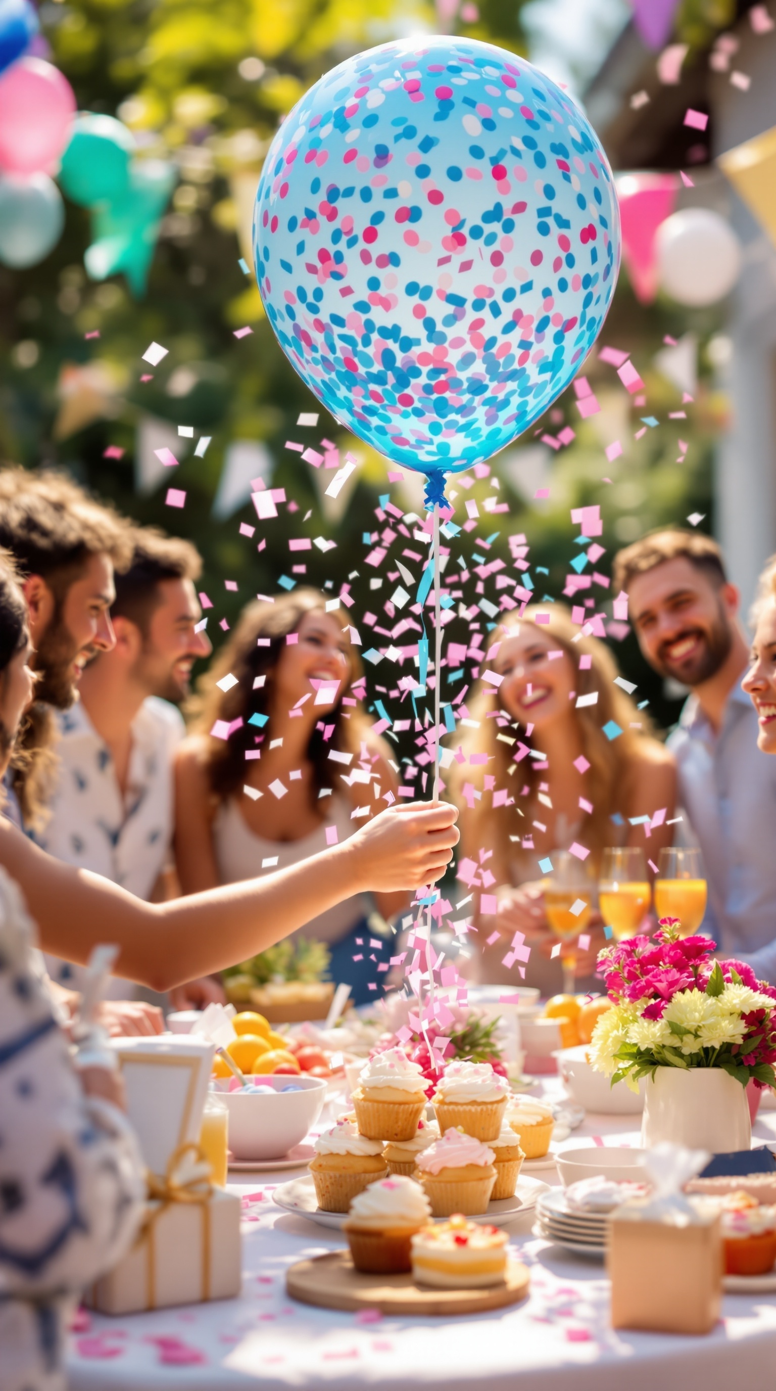 A group of friends celebrating a gender reveal with a balloon pop, surrounded by confetti and festive decorations.