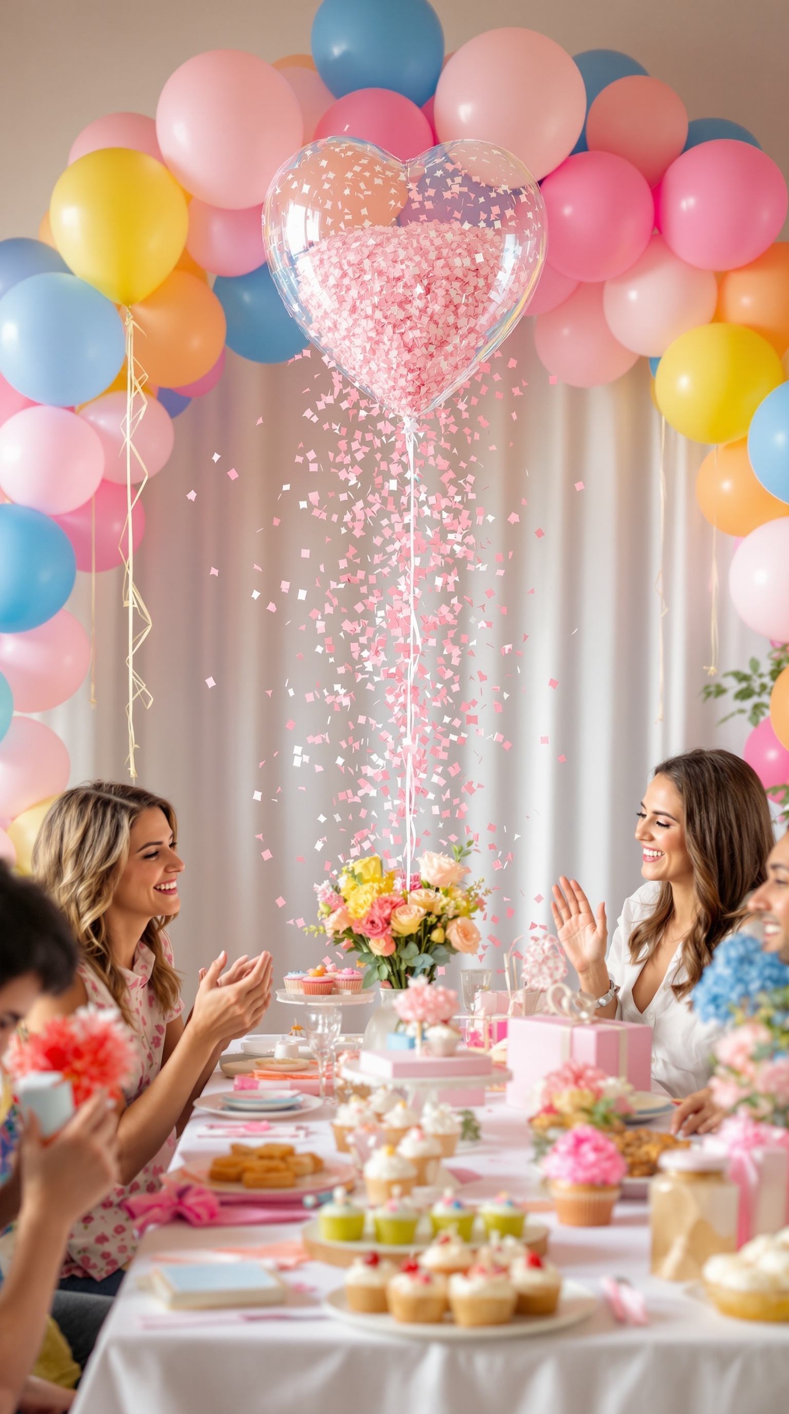 A heart-shaped balloon filled with pink confetti, surrounded by colorful balloons and a festive table setting.