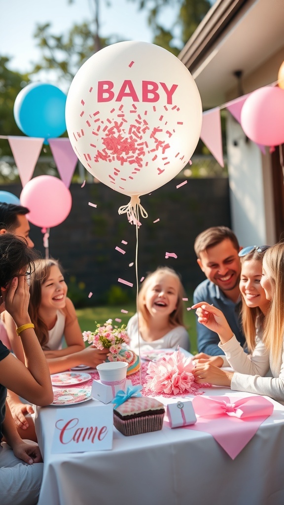 A group of people celebrating a gender reveal with a balloon pop surprise, featuring a balloon that says 'BABY' and colorful confetti.