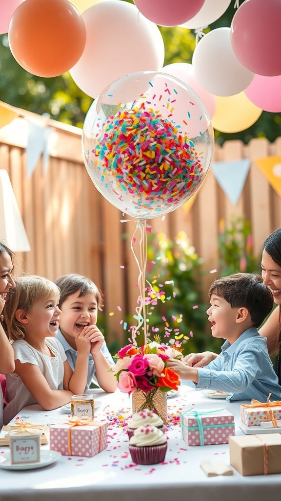 A festive balloon pop surprise for a gender reveal party, featuring kids and adults laughing around a decorated table.
