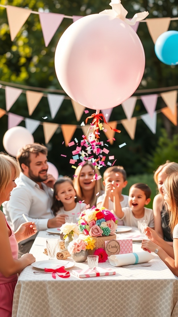 A family gathered around a table, celebrating a gender reveal with a balloon pop, confetti falling from above.