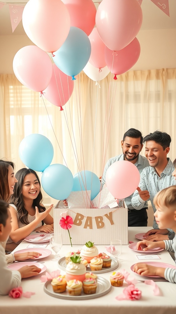 A family gathered around a table with balloons in a box for a gender reveal party.