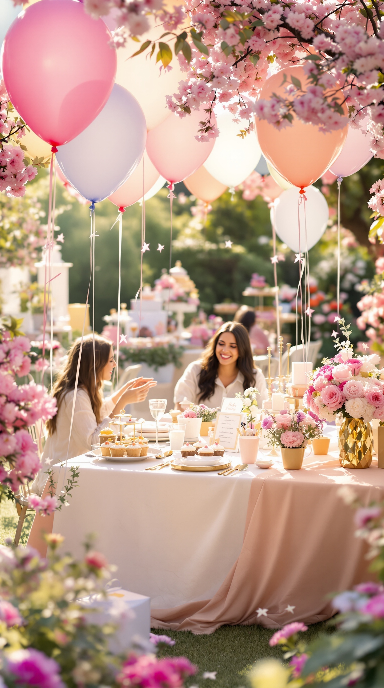 A spring gender reveal party with balloons and flowers, featuring a table set with treats and decorations.