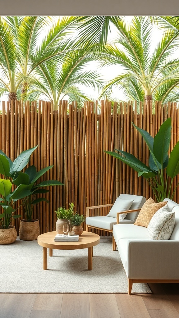 A cozy backyard with bamboo fencing, potted plants, and a comfortable seating area.