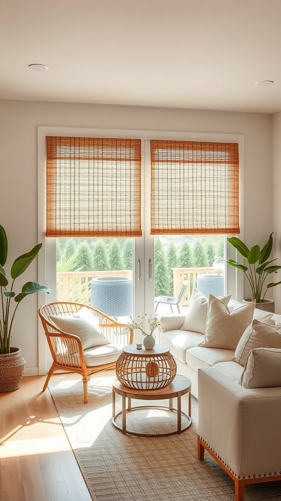 A cozy living room with bamboo shades covering sliding glass doors, featuring a rattan chair and light-colored sofa.