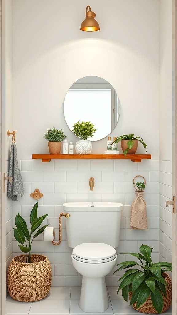 A small bathroom featuring a bamboo shelf with plants and decorative items.