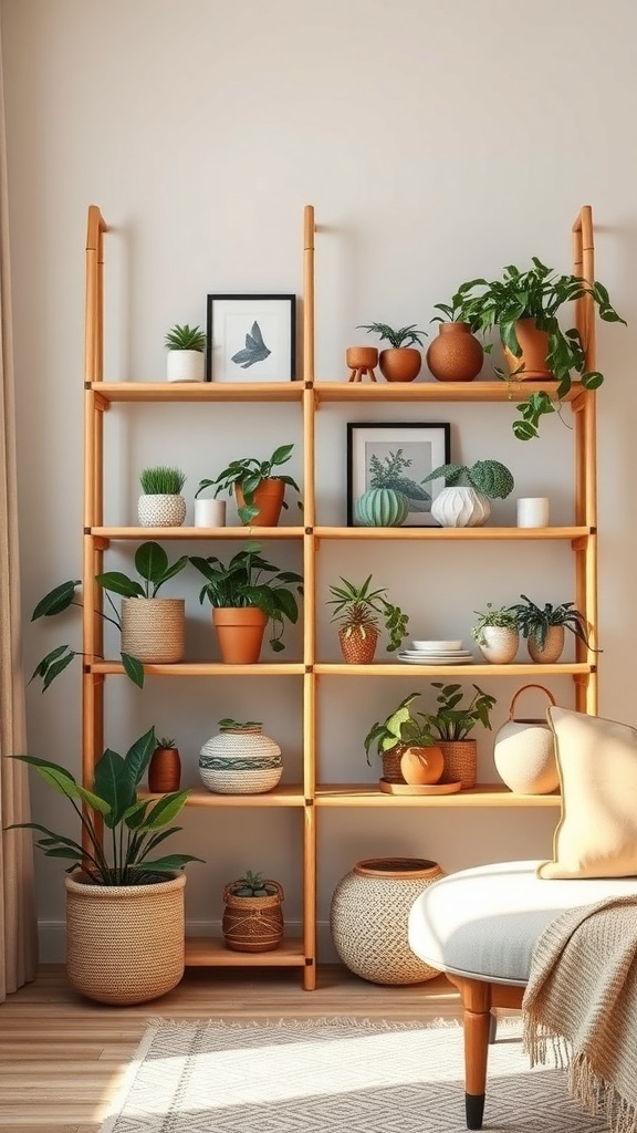Bamboo shelves displaying a variety of plants and decorative items.