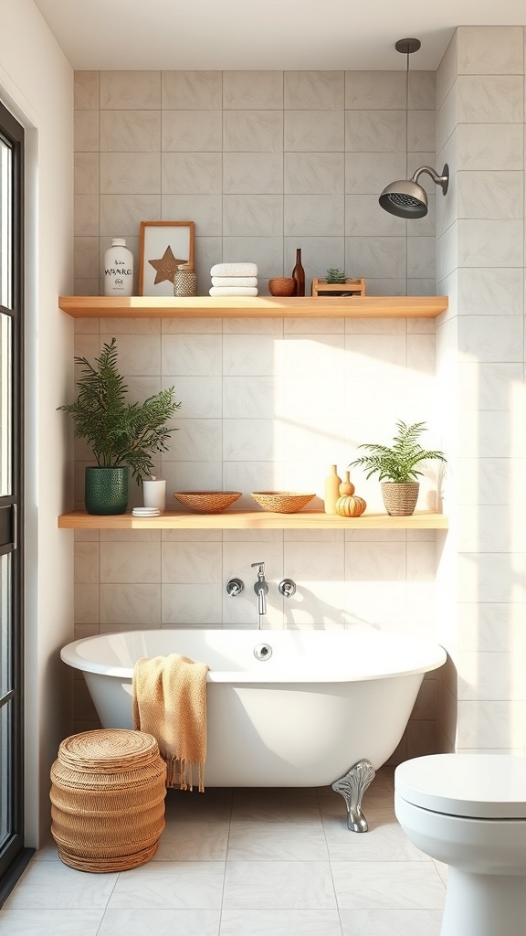 A bathroom featuring bamboo shelves with decorative items, a freestanding bathtub, and a modern design.