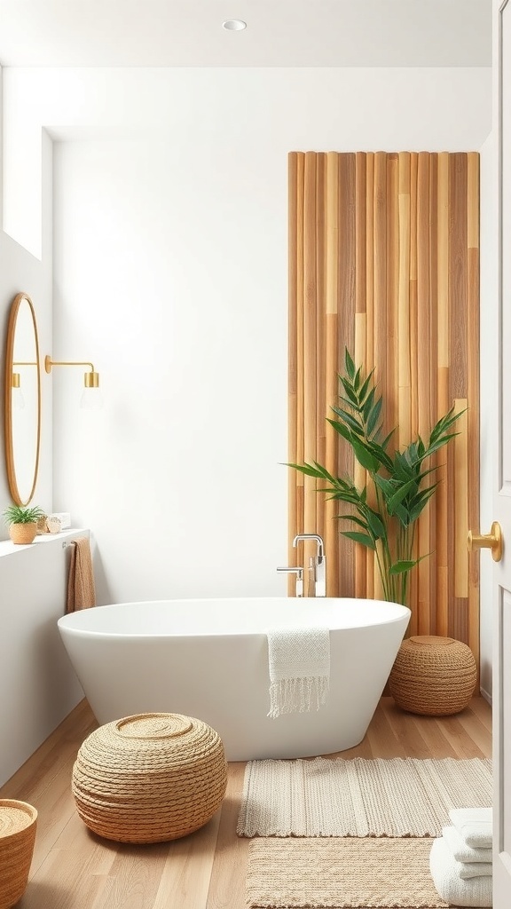 A modern bathroom featuring bamboo wall panels, a freestanding bathtub, and natural decor elements.