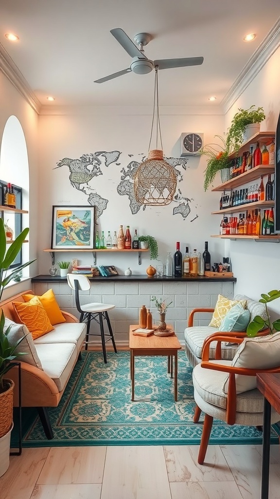 A cozy bar with a world map on the wall, colorful bottles on shelves, and comfortable seating.