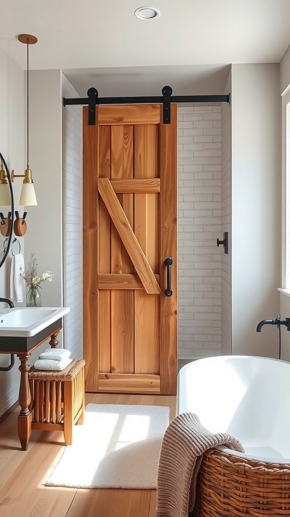 Rustic bathroom with a barn door shower enclosure