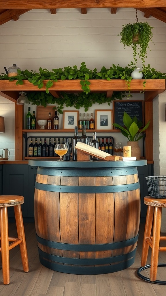 A rustic barrel-style drink stand with a wooden top, surrounded by bar stools and greenery.