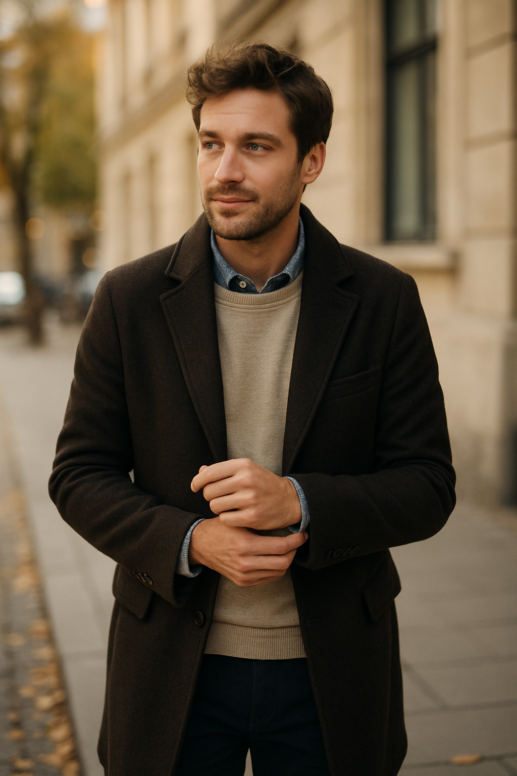 A man in a stylish coat and sweater, showcasing a smart-casual look.