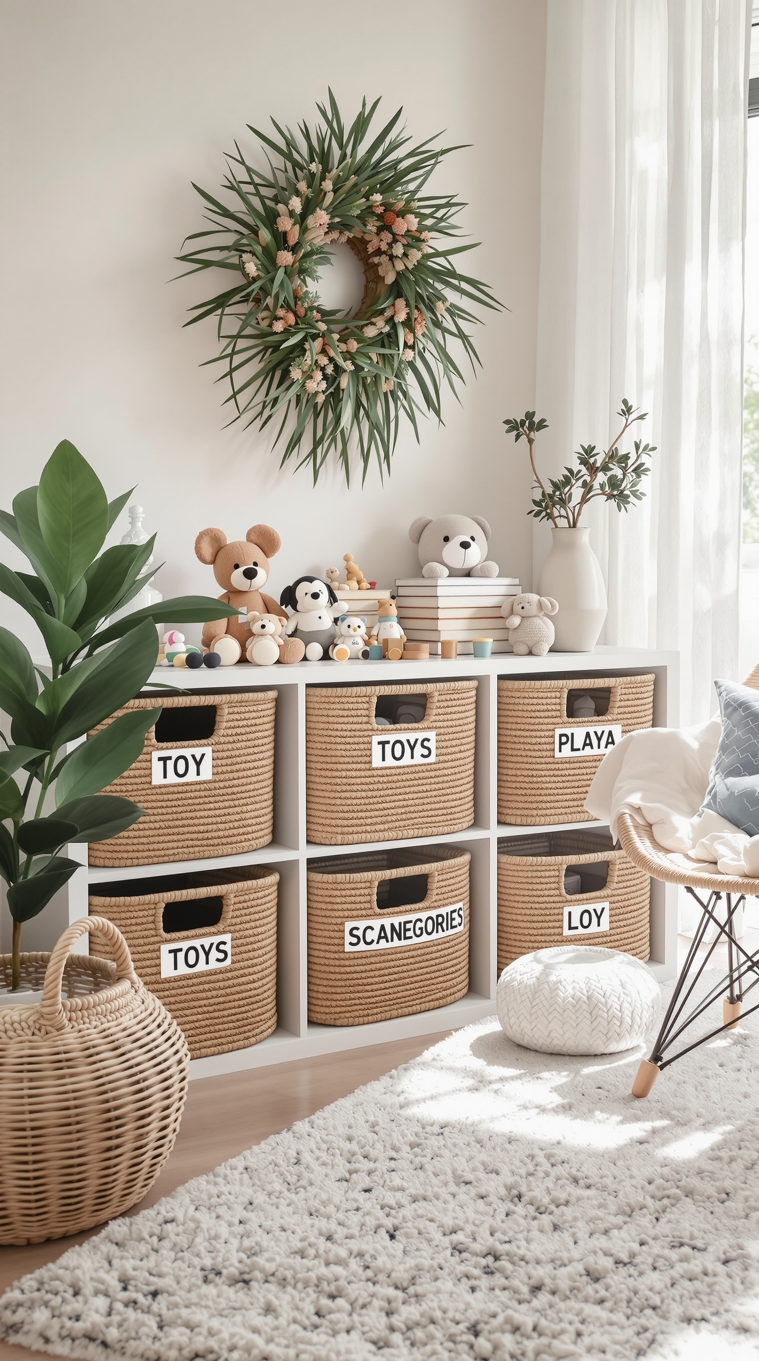 A cozy room with woven baskets labeled for toy storage, featuring plush toys and a plant.