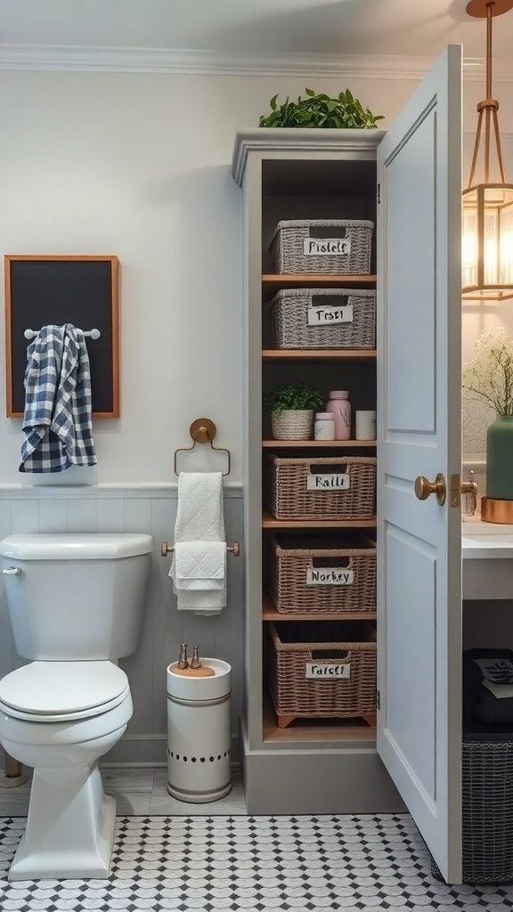 A bathroom cabinet with woven baskets for storage, featuring labels for easy access, and a small plant decor.