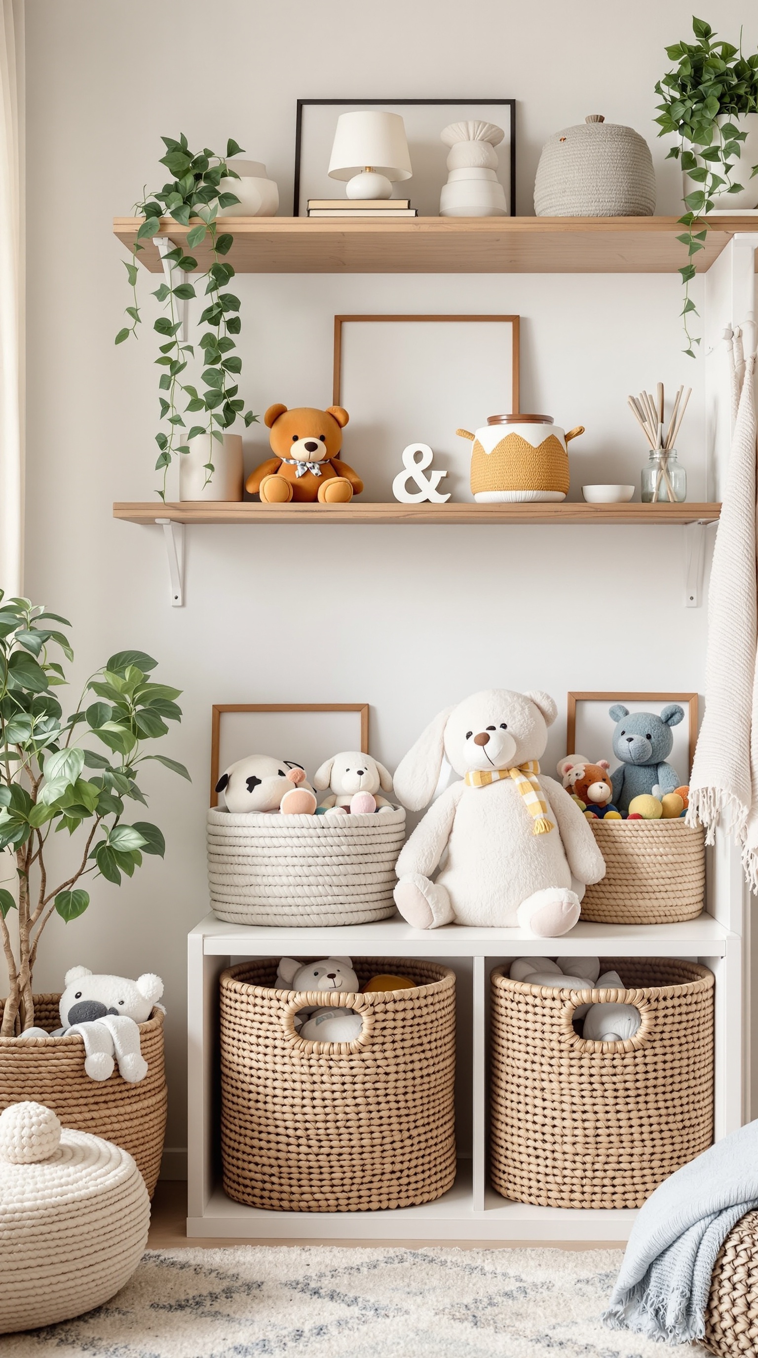 A cozy room with various woven baskets and plush toys organized on shelves.