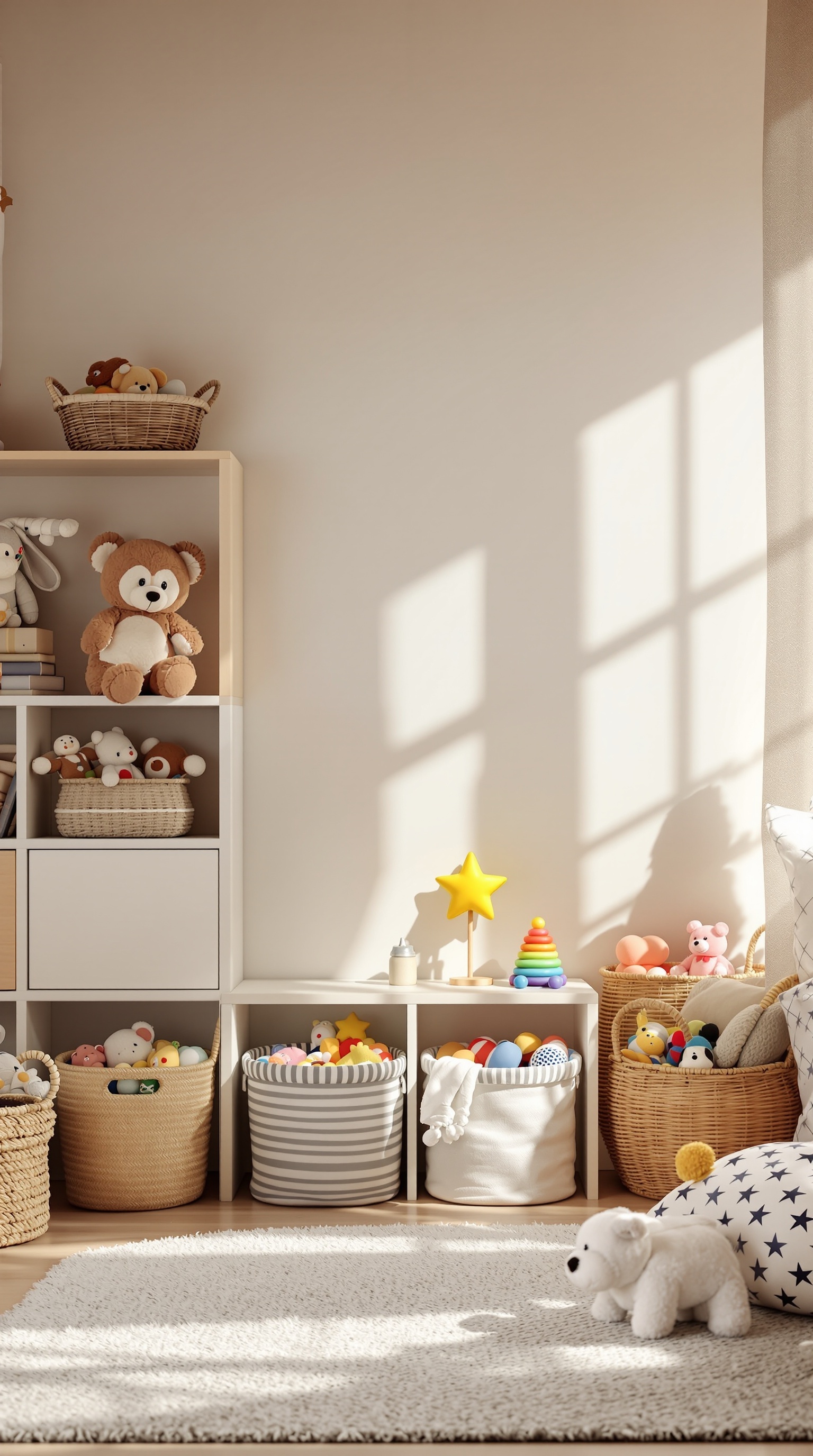 A bright toy room with various baskets and buckets filled with toys, showcasing an organized and playful space.