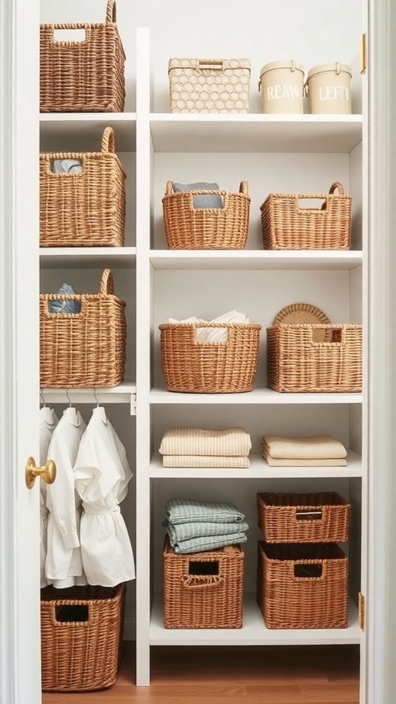 Organized closet with woven baskets and neatly folded clothes.