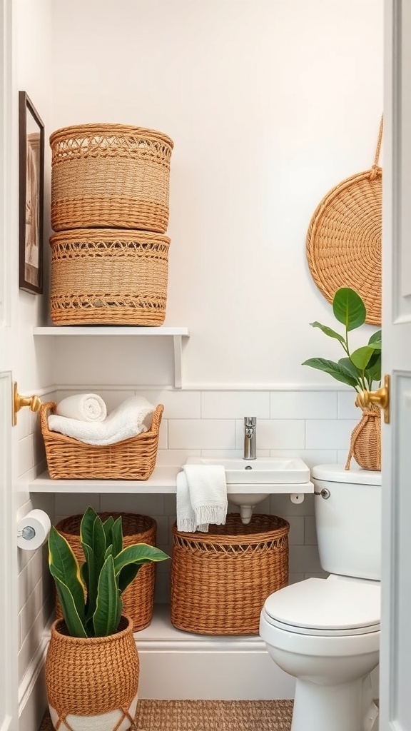 A small bathroom featuring woven baskets for storage, neatly arranged on shelves with towels and a plant.