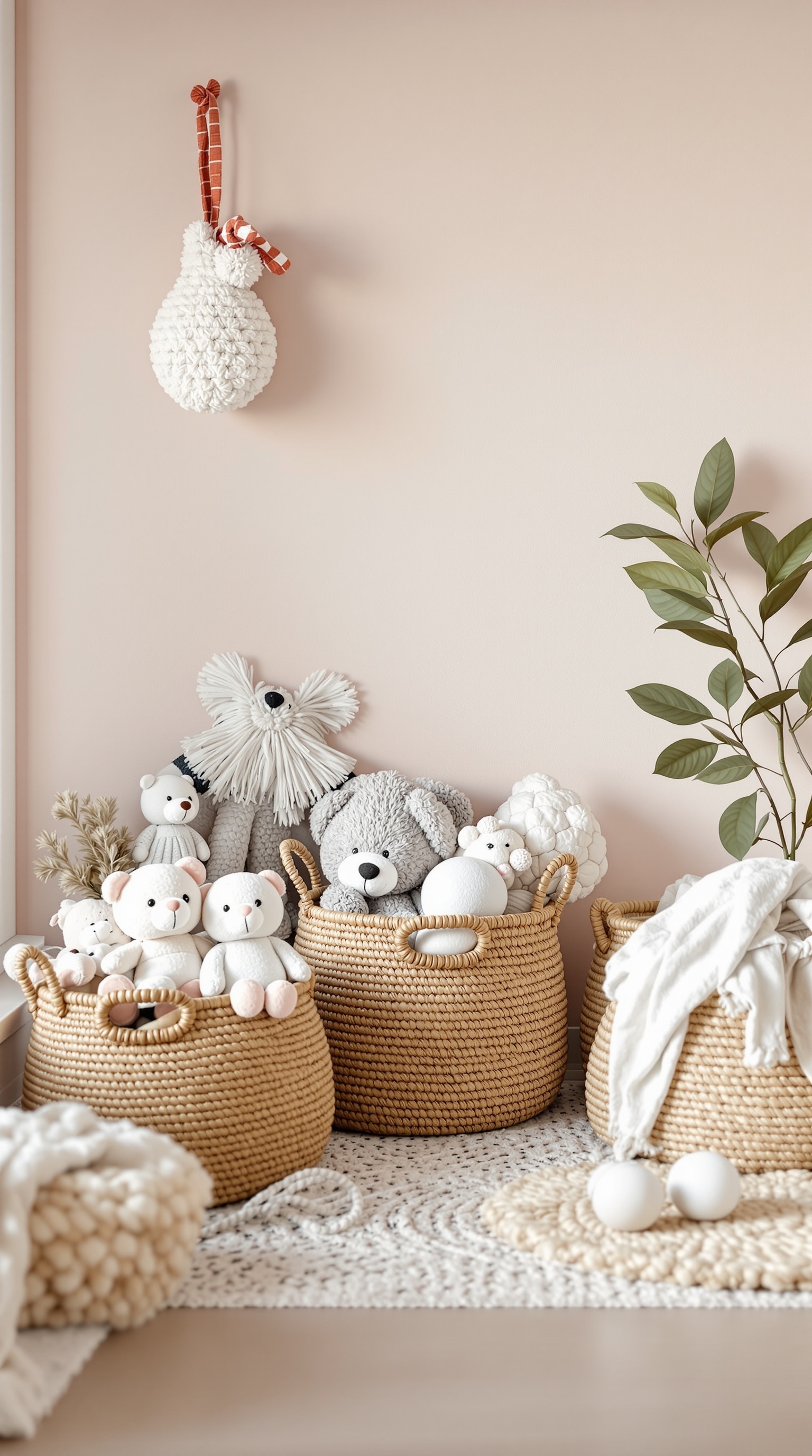 Woven baskets filled with soft toys in a playroom setting