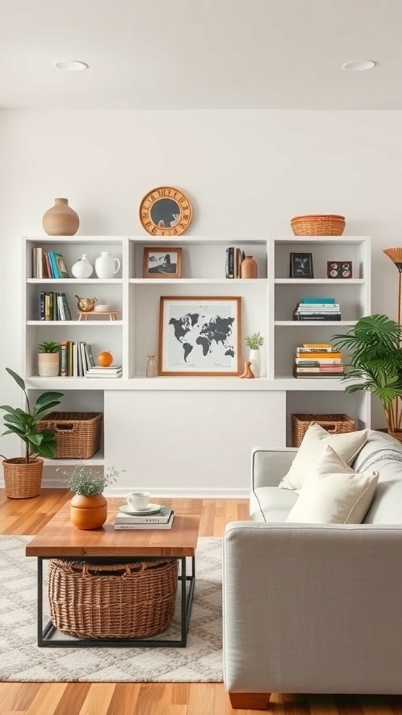 A modern living room with shelves displaying books and decorative items, featuring woven baskets for storage.