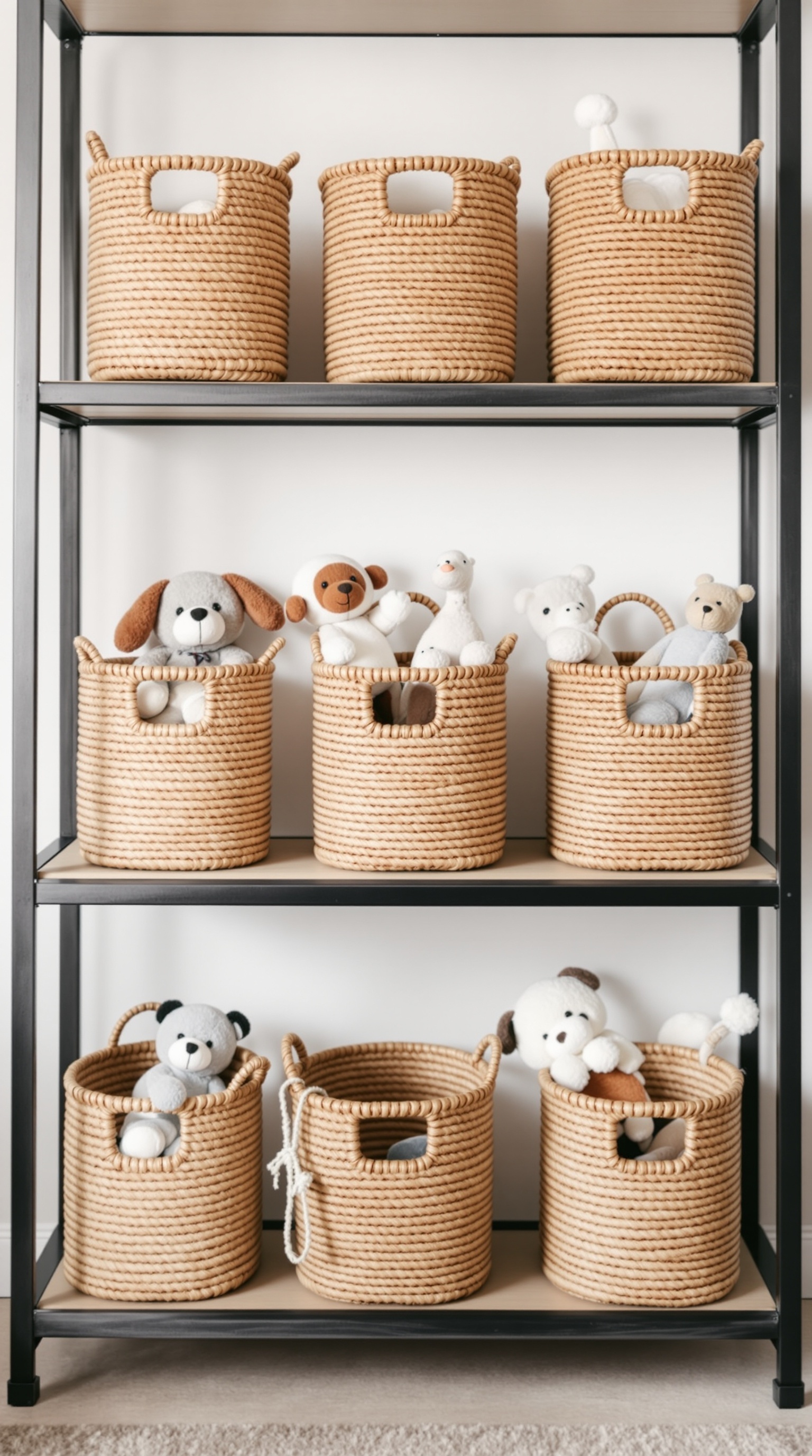 A shelf with woven baskets filled with soft toys, showcasing an organized storage solution.