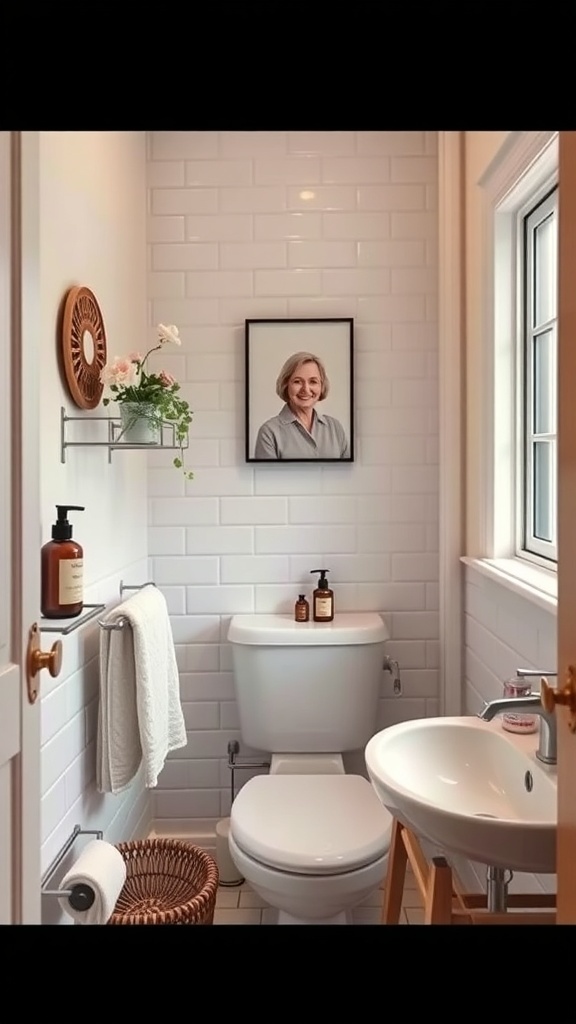 A small bathroom featuring a wall-mounted shelf with plants, a round basket, and a framed picture, showcasing space-saving accessories.
