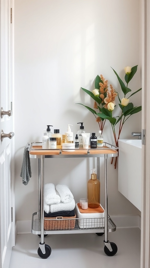 A stylish bathroom cart on wheels with toiletries and towels.