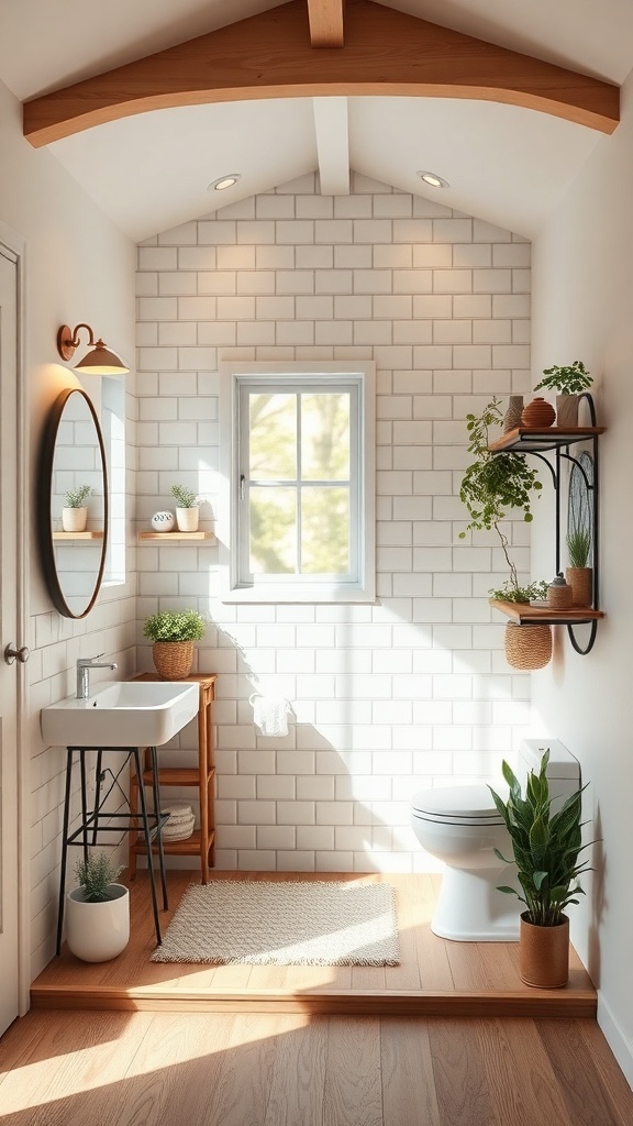 A small bathroom featuring white subway tiles, a compact sink, and natural light from a window.