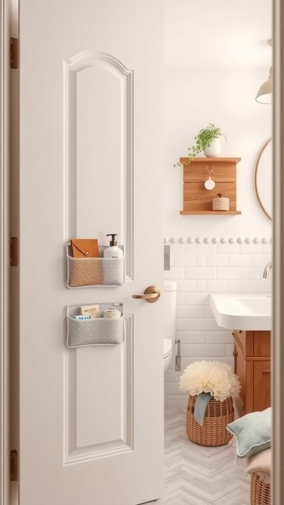Bathroom door with mesh storage pockets for toiletries