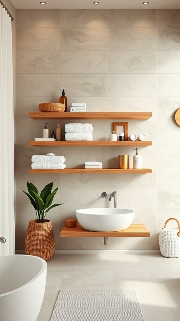 Floating wooden shelves in a modern bathroom with towels and decor