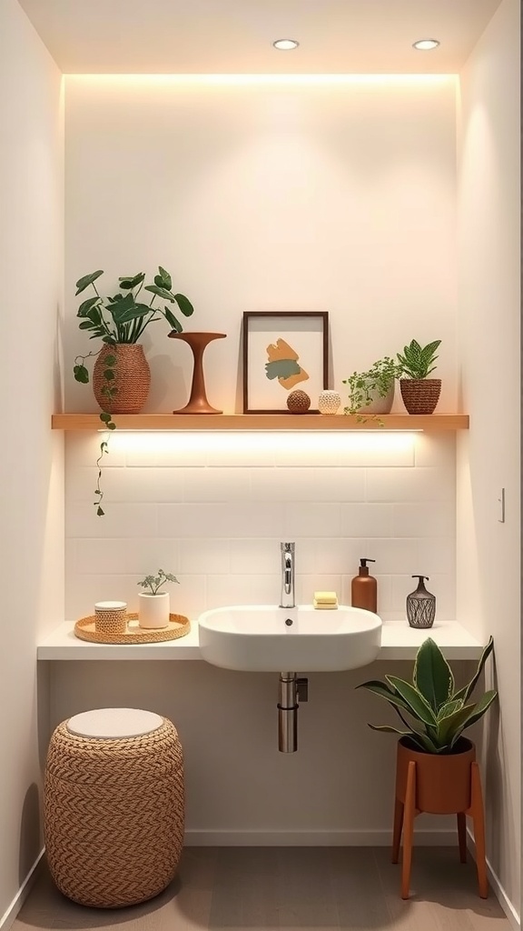 A modern small bathroom shelf with plants and framed art, illuminated by warm light.