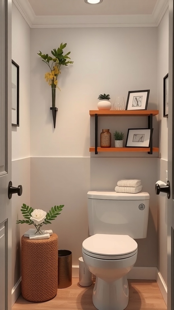 Stylish bathroom with shelves above the toilet holding decorative items and towels.
