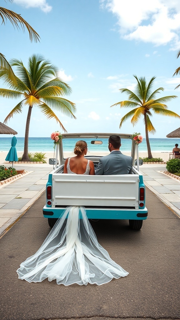 A couple sitting in a vintage truck with ocean view, preparing for their beach wedding.