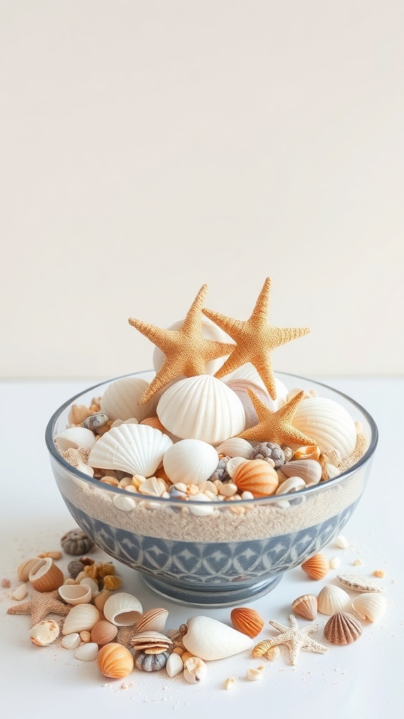 A decorative bowl filled with various seashells and starfish, creating a beach-inspired centerpiece.