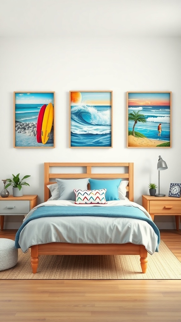 Beach-inspired wall art in a coastal teen bedroom featuring surfboards, waves, and a beach scene.