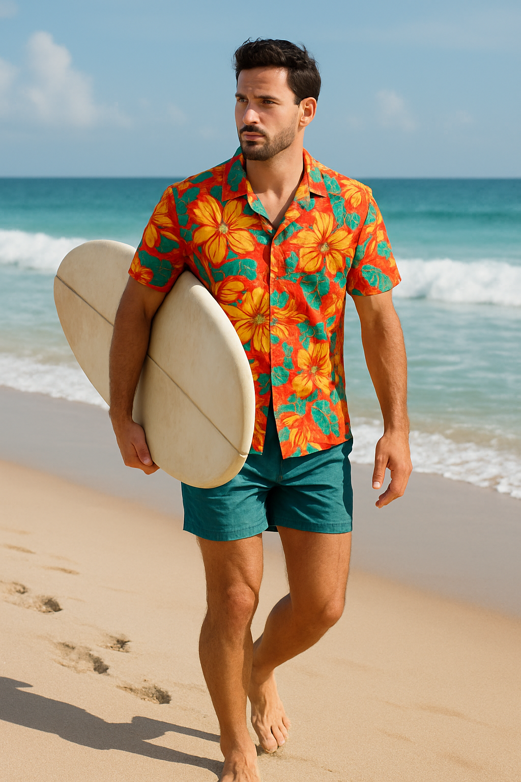 A stylish beach-ready outfit featuring a bright patterned shirt and comfortable shorts.