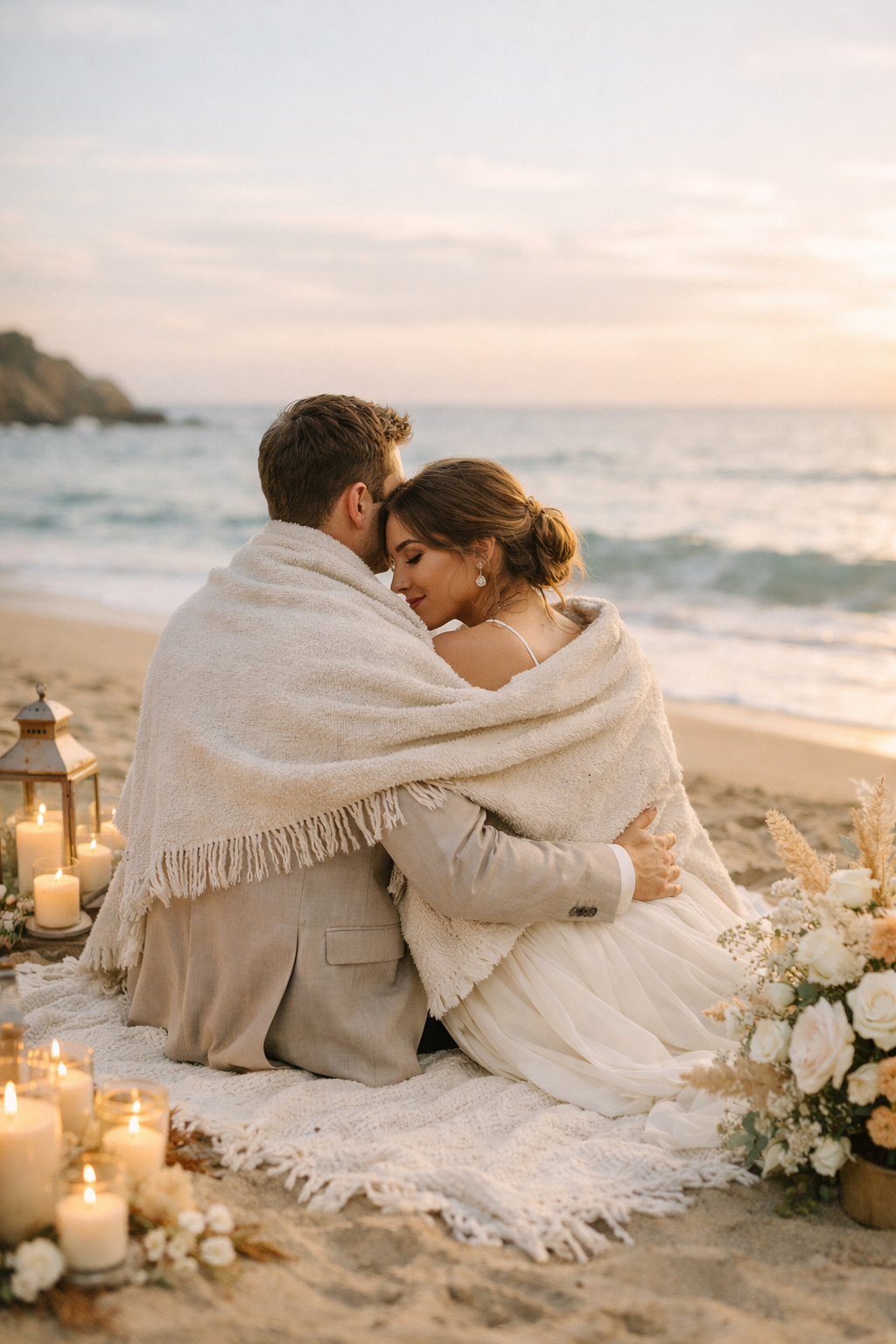 A couple snuggled under a blanket on the beach at sunset, surrounded by candles and flowers.